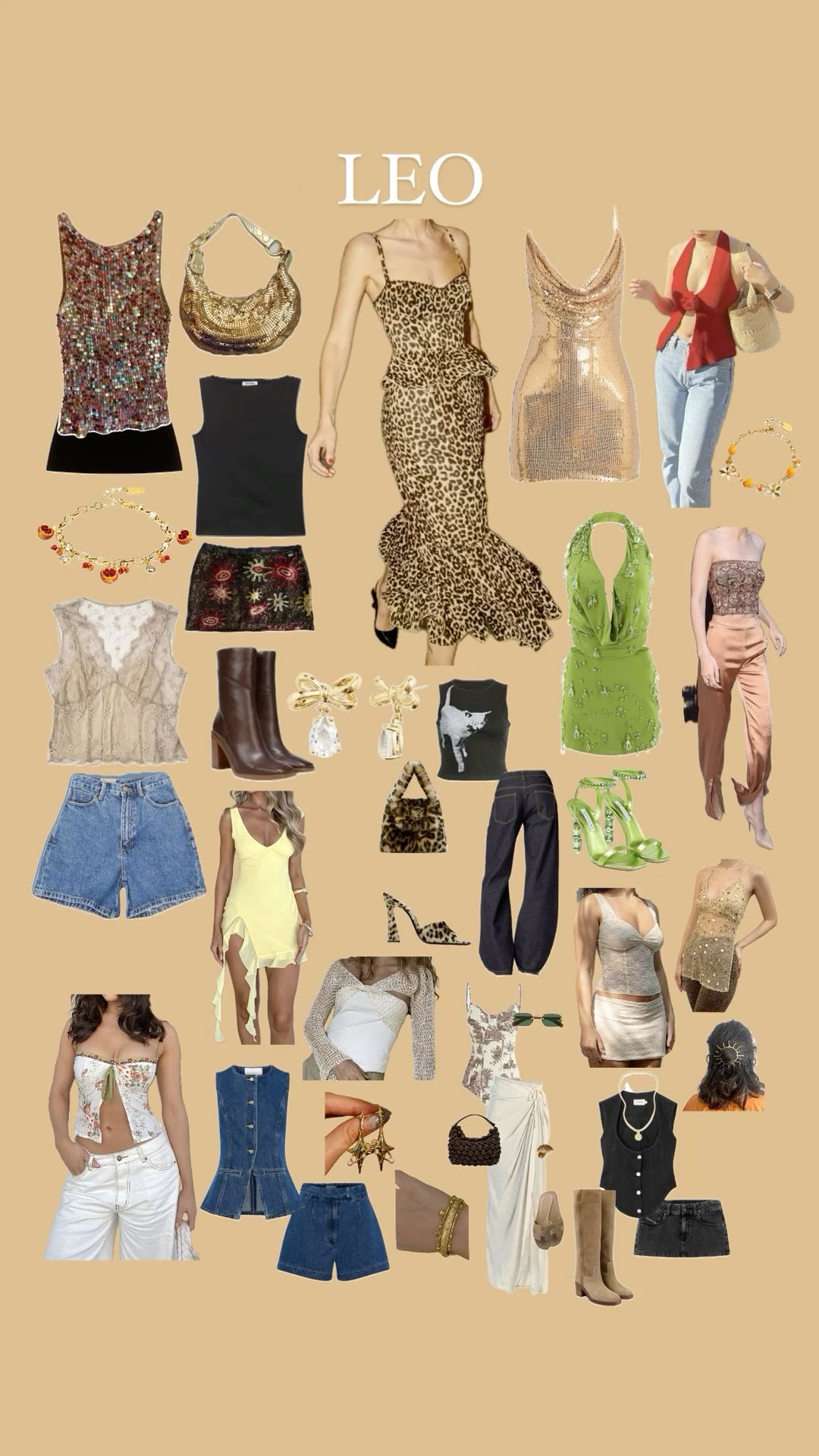 An array of fashion items including a leopard print dress, sequined tops, green halter dress, denim shorts, and various…