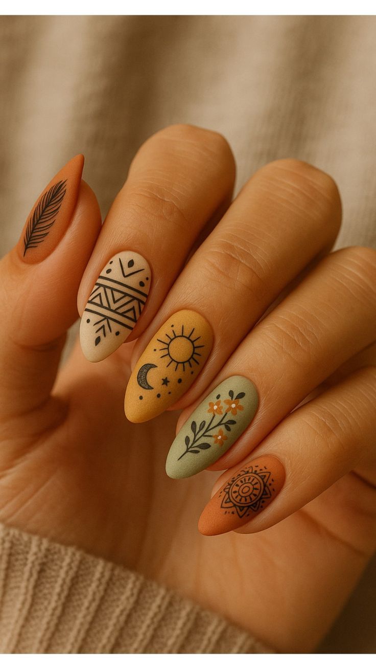 Hand with five almond-shaped nails, each painted with a different earthy color and a black bohemian symbol.
