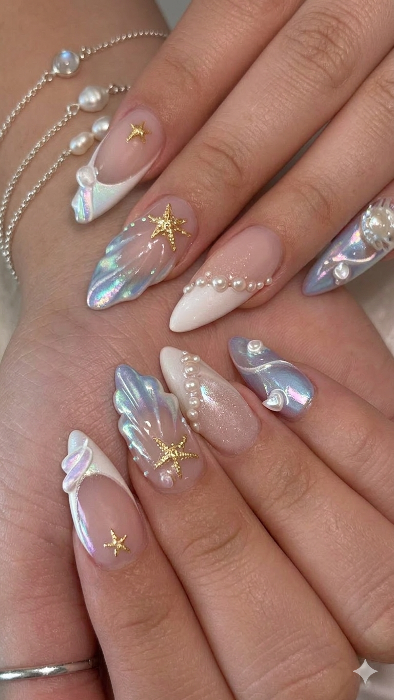 Close-up of a hand with long, iridescent almond-shaped nails featuring pearl borders, 3D golden starfish, and shell-like…