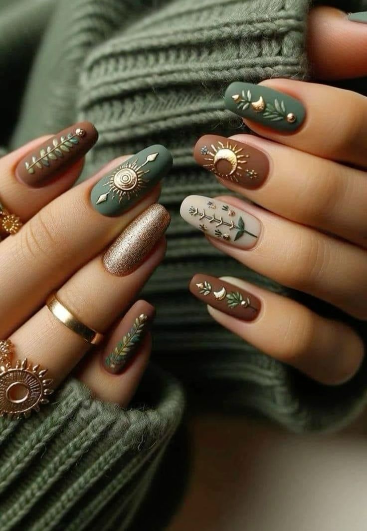 Manicured oval nails in matte green, brown, and nude with gold metallic sun, moon, and leaf decals, plus one sparkly gold…