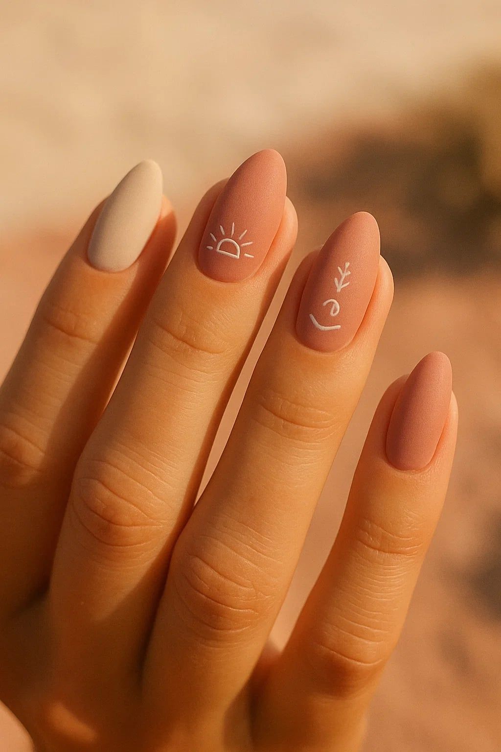 Almond-shaped nails in matte nude and terracotta hues. Two nails feature small white line art of a sun and a leaf branch.