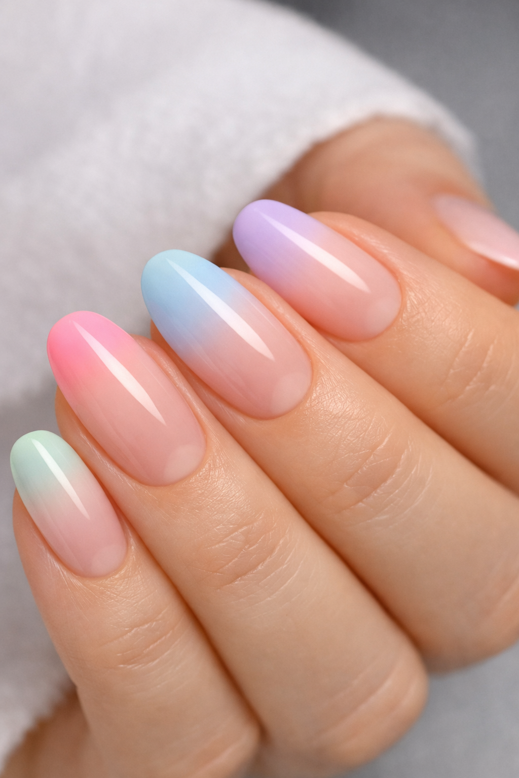 Close-up of a hand with long, oval-shaped nails featuring a pastel gradient ombre design.