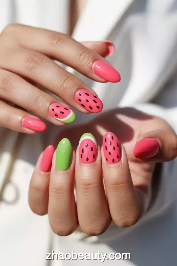 Close-up of a person's hands with watermelon-themed nail art. Some nails are solid pink or green, while others feature pink…