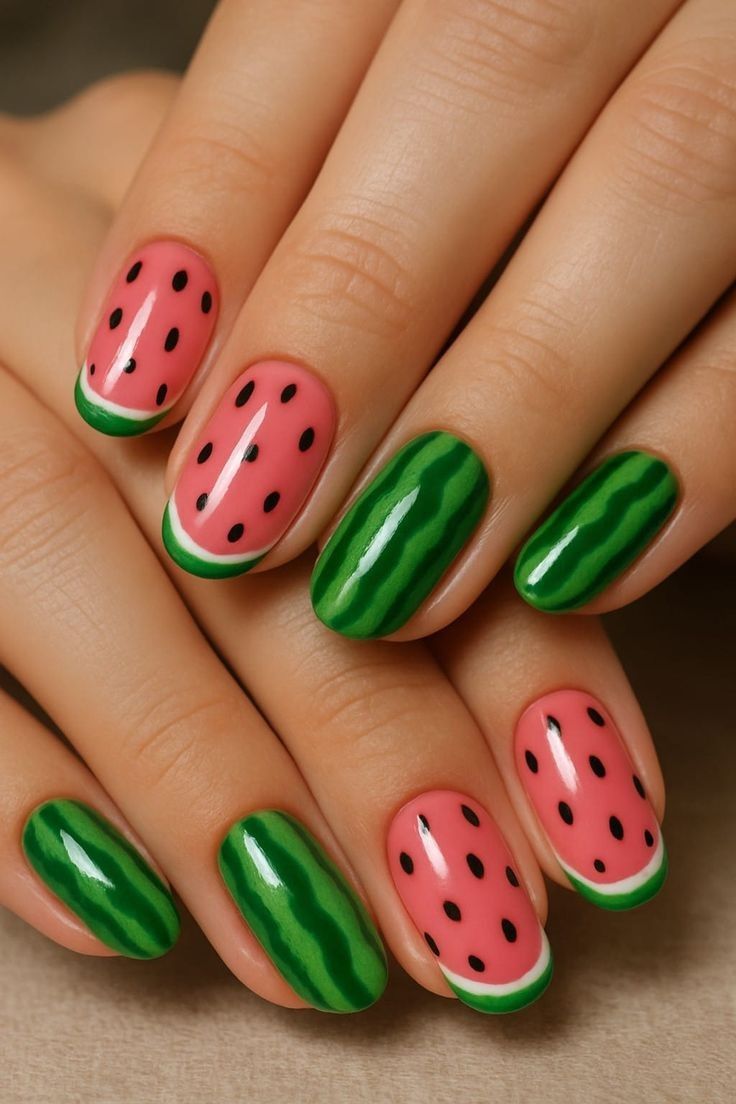Close-up of hands with watermelon-themed nails. Some nails are pink with black spots and a green tip, others are solid green…