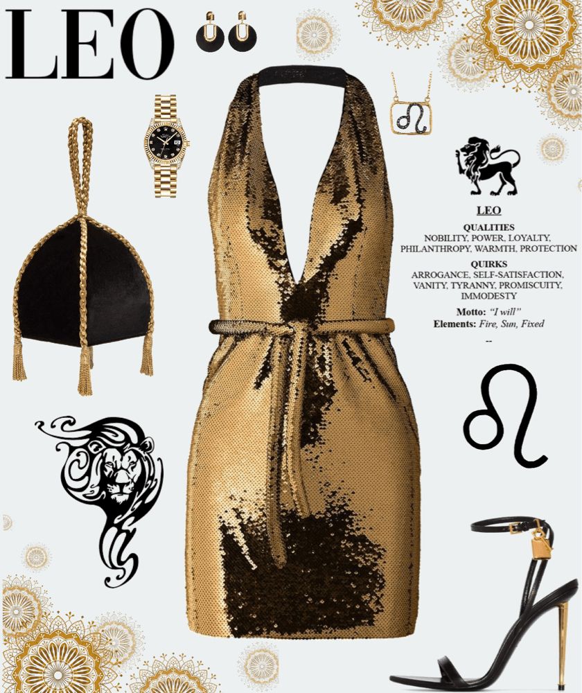 A flat lay of a gold sequin mini dress with a deep V-neck and a matching tie belt, surrounded by accessories including a…