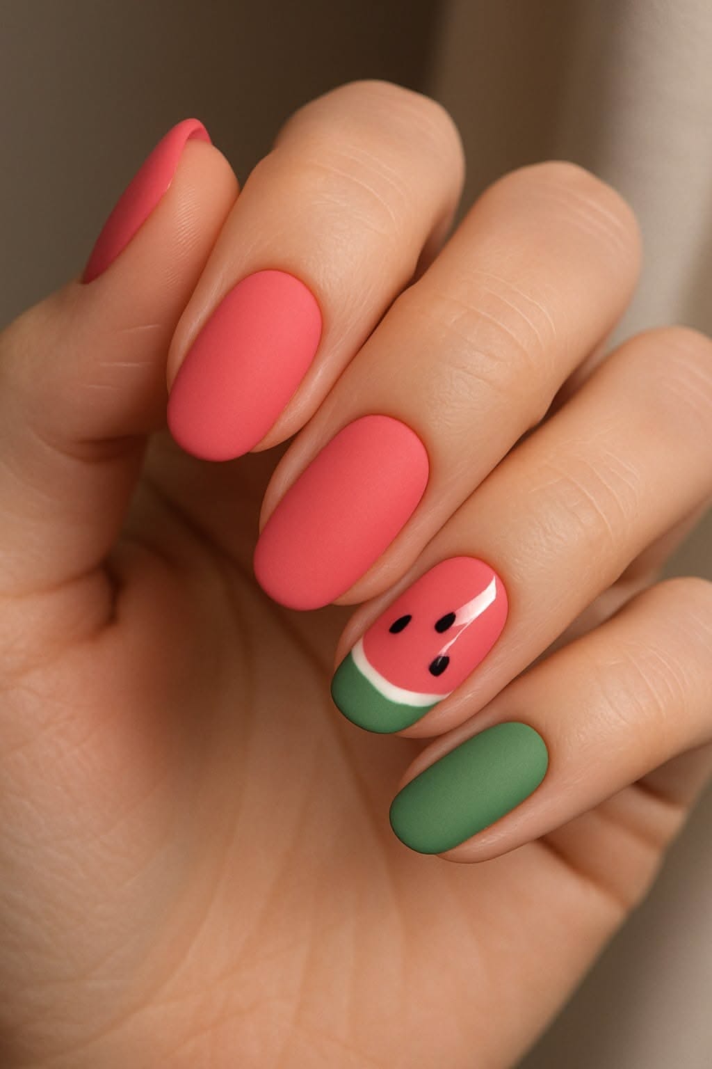 Close-up of a hand with watermelon nail art. Most nails are matte pink, with one nail featuring a glossy watermelon slice…