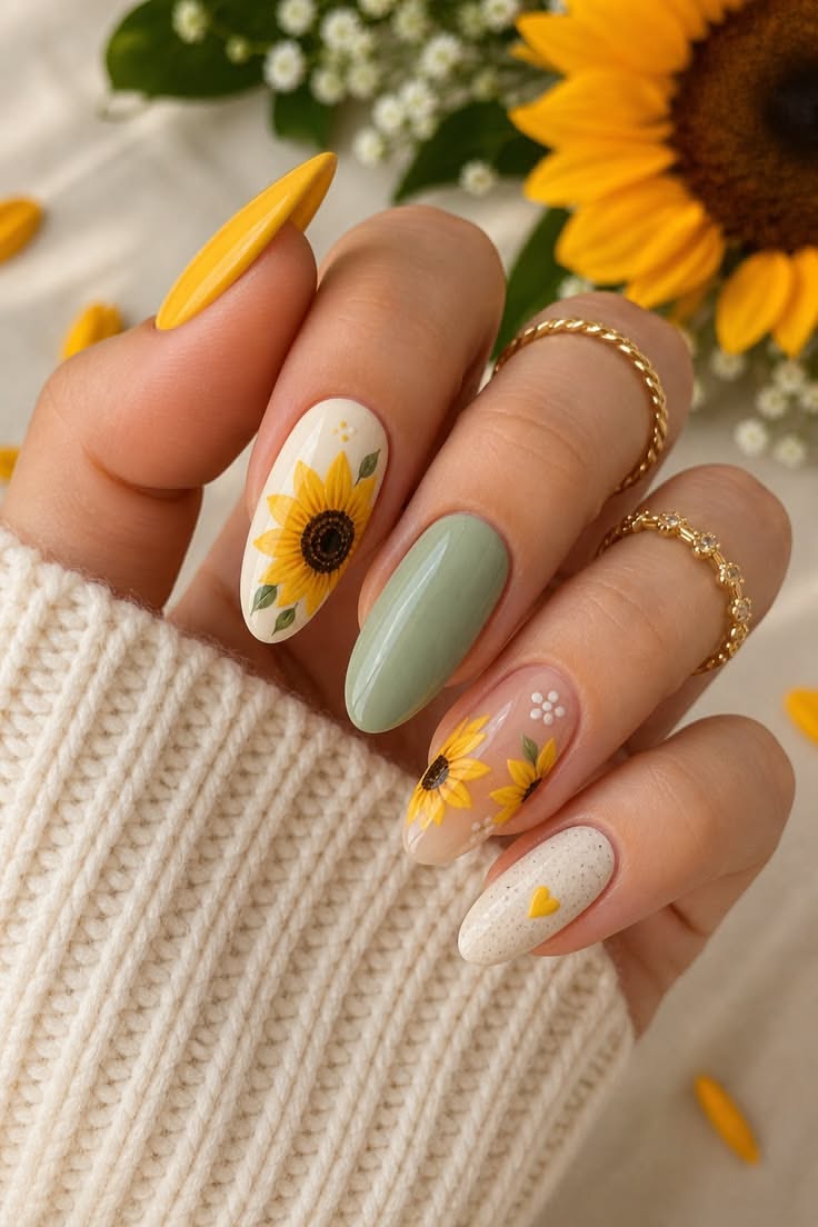 Close-up of a hand with several almond-shaped nails featuring sunflower art, muted green, and speckled white with a yellow…