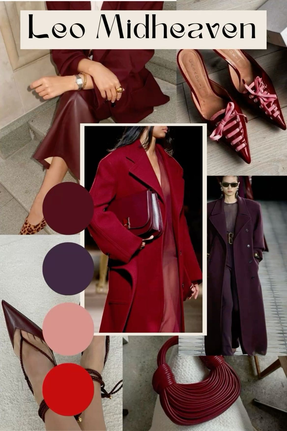 An editorial collage with various fashion items in shades of burgundy and deep red, including jackets, shoes, and a handbag…