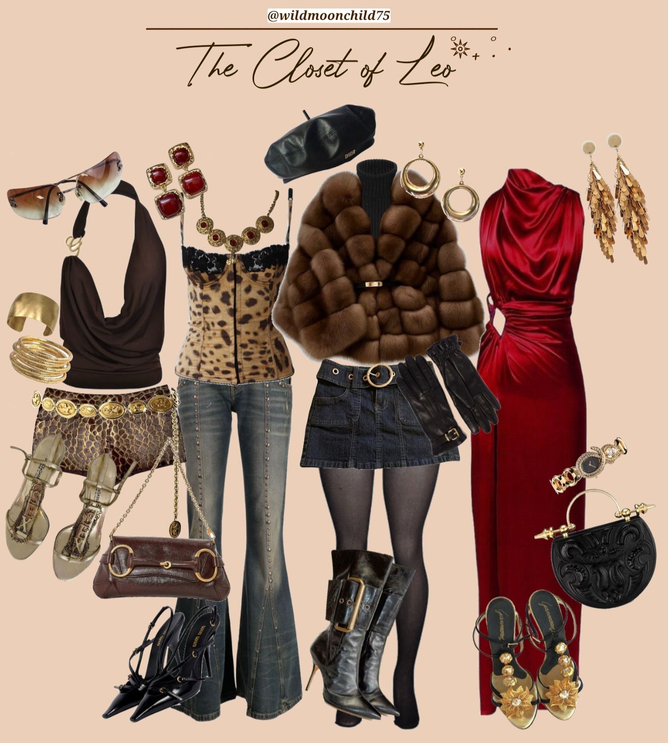 Lay-flat clothing display with three distinct outfits featuring animal print tops, denim, a brown fur jacket, a red dress…