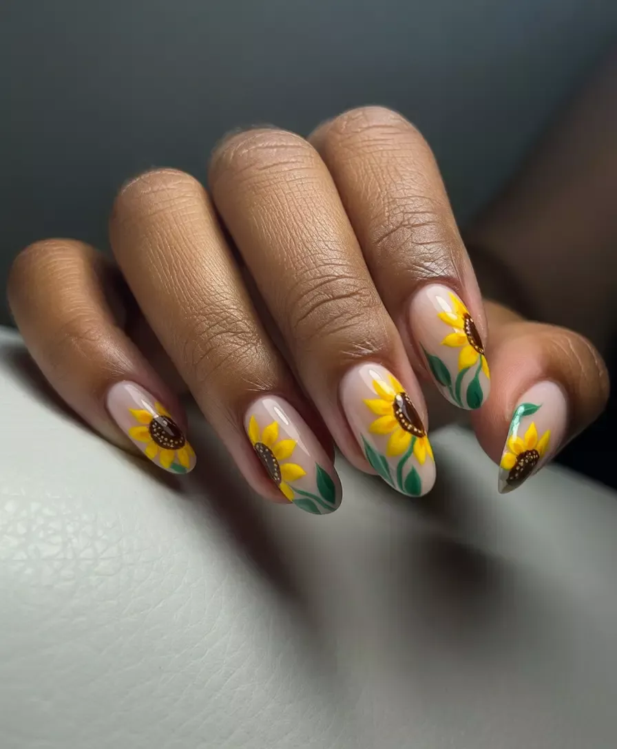 Almond-shaped nails, each adorned with a single painted sunflower and green leaves on a nude base.