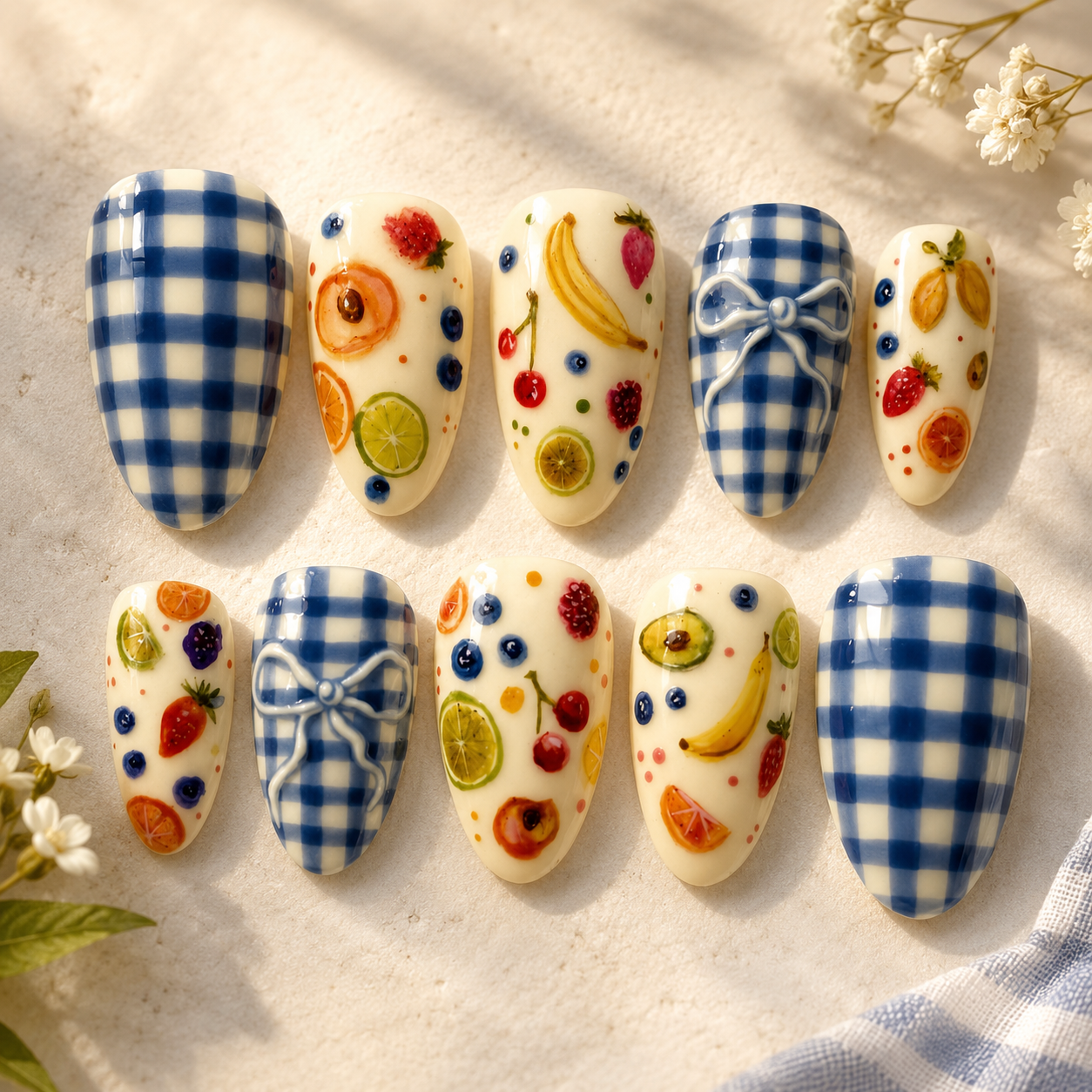 Close-up of ten almond-shaped press-on nails featuring a blue and white gingham pattern mixed with fruit designs and ribbon a