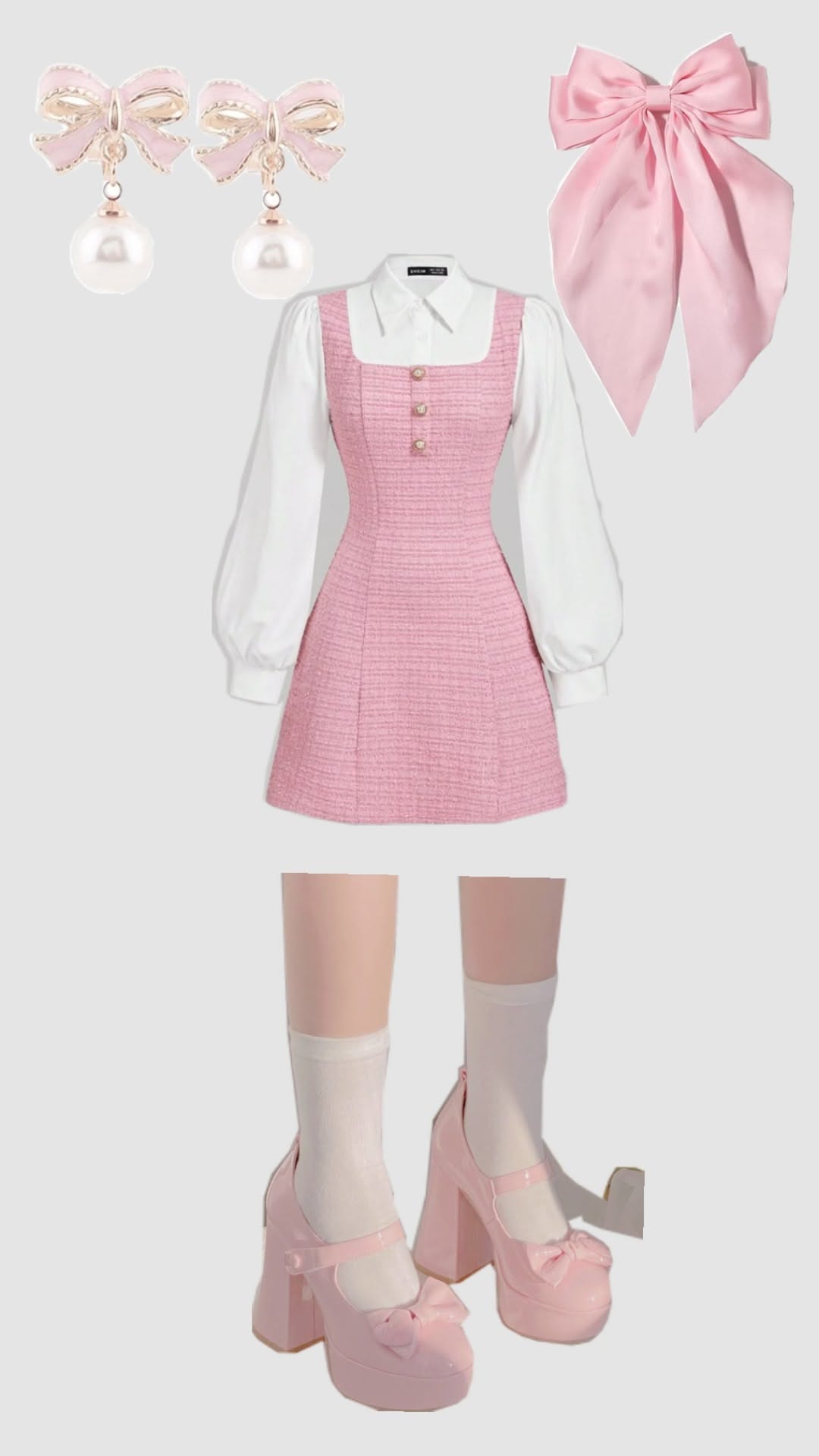 Blush pink tweed pinafore with a white shirt, pink bow earrings, a large pink hair bow, and pink platform Mary Janes with whi