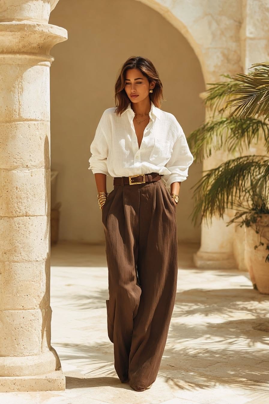 A woman wears high-waisted, pleated brown wide-leg pants with a loose white button-down shirt, brown belt, and gold jewelry i