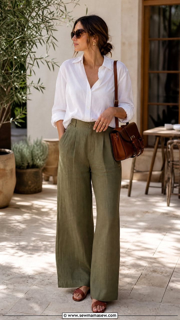 A woman stands confidently, showcasing a relaxed fit outfit consisting of olive green wide-leg trousers and a white button-do
