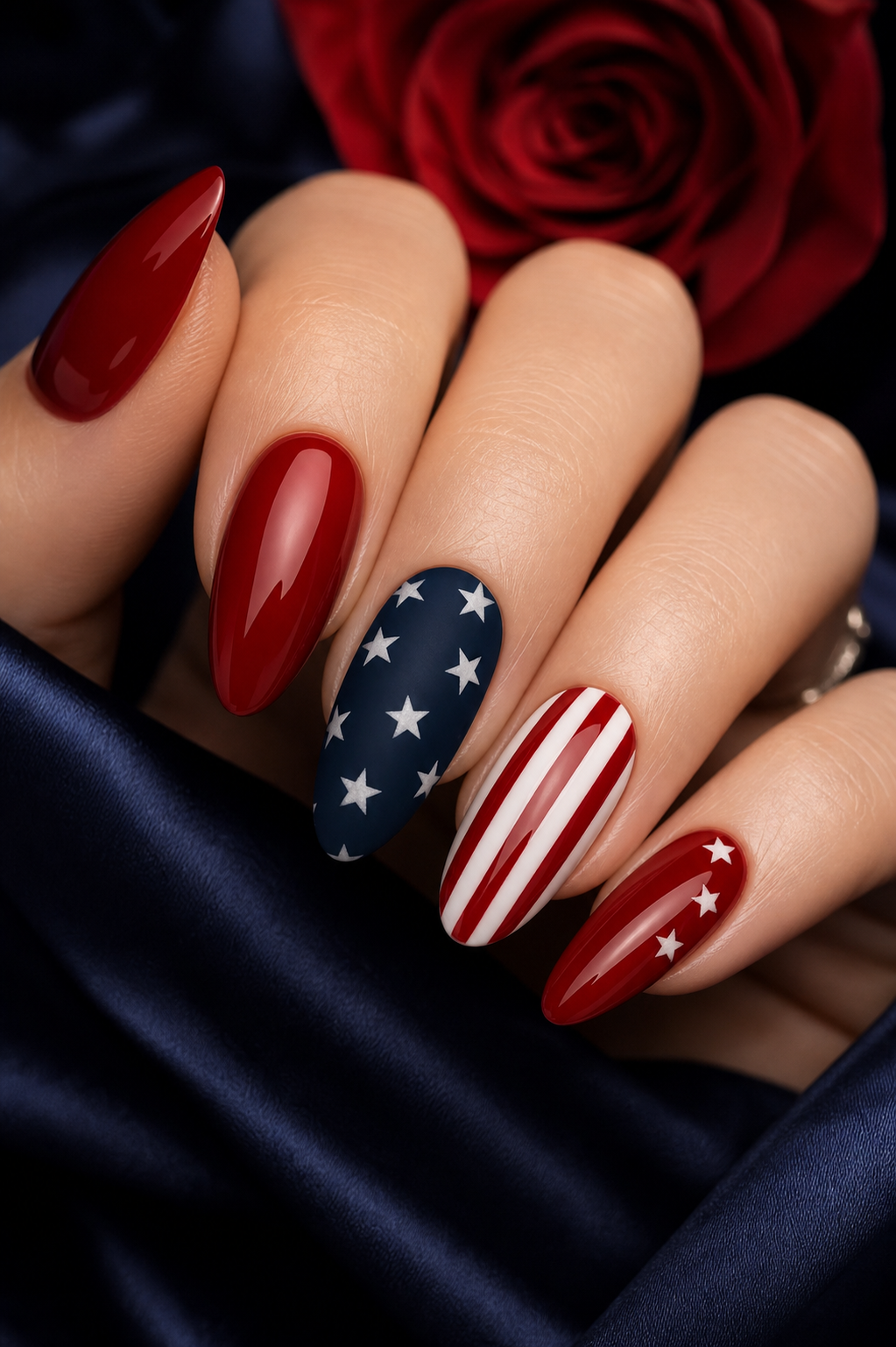 Close-up of a hand with long, almond-shaped nails featuring patriotic designs.