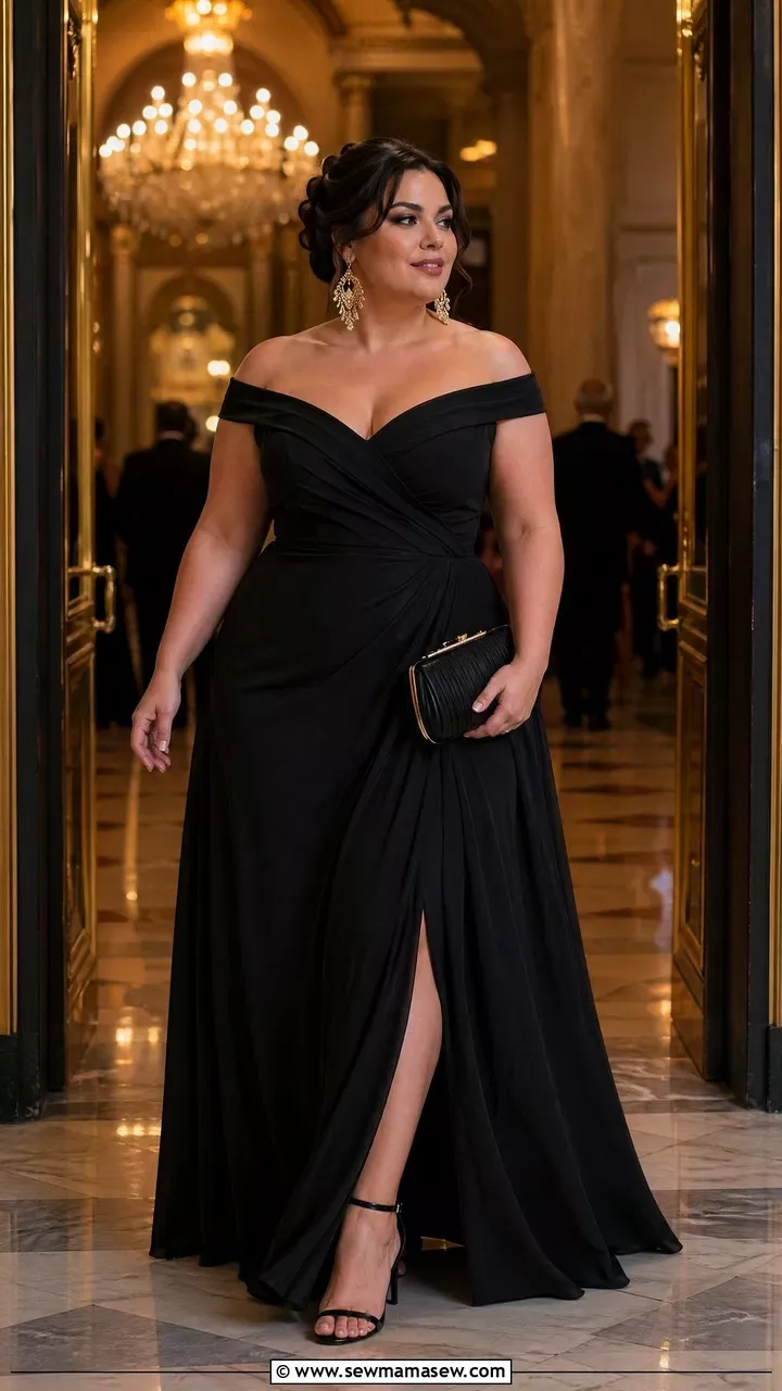 Plus size woman in a black off-the-shoulder gown, gold earrings, black clutch, and black heels.