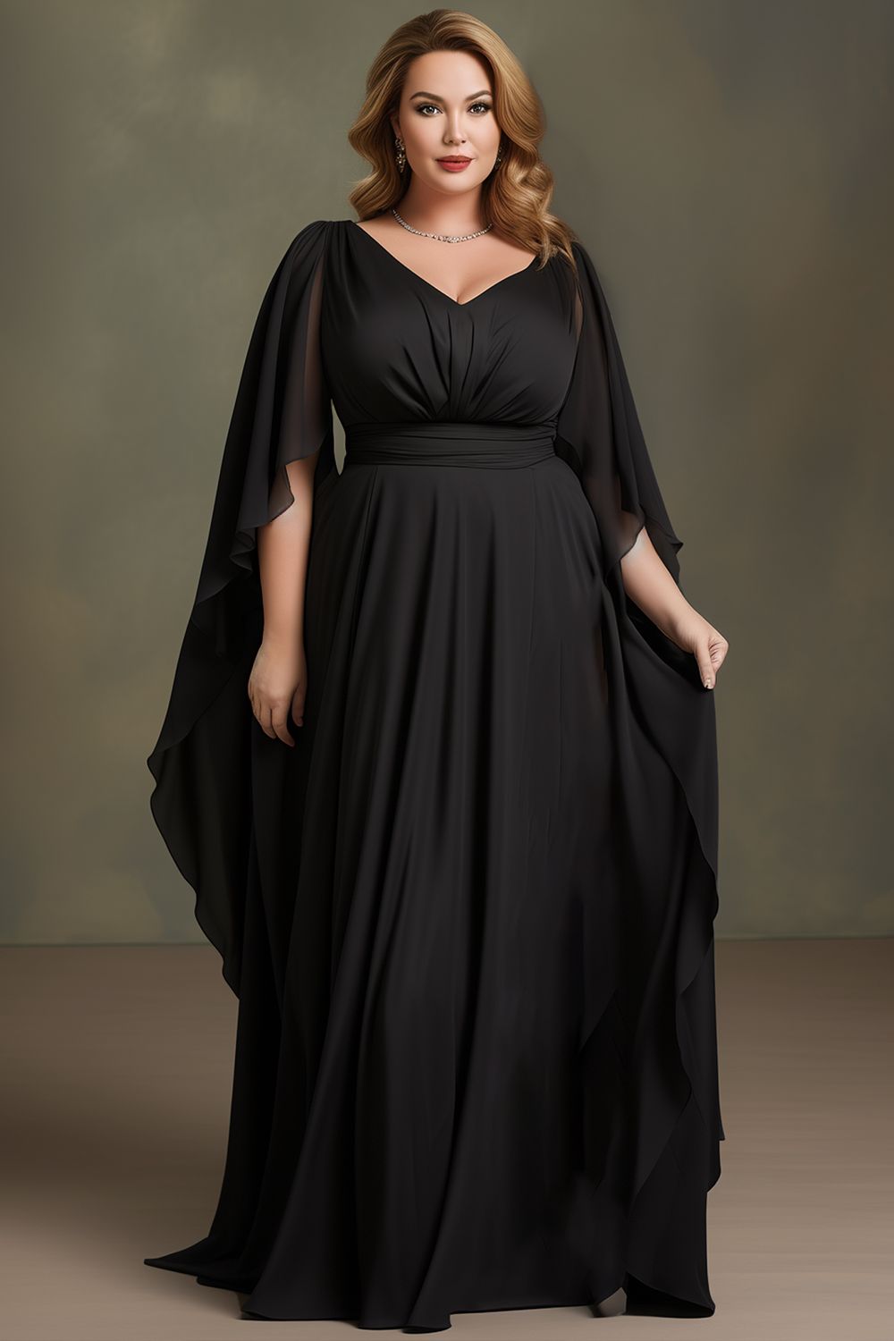 A woman wears a long black chiffon dress with a V-neckline and sheer, flowing sleeves.